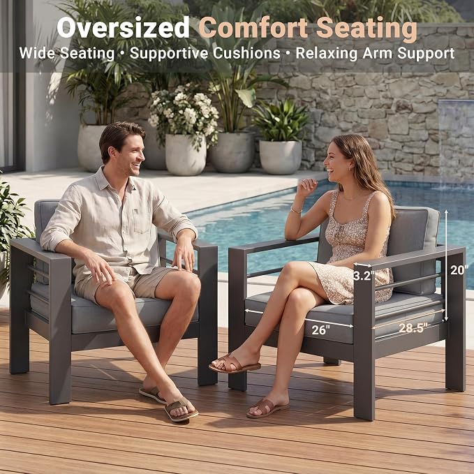 Solaste 5-Seaters Aluminum Outdoor Patio Furniture Set, Patio Sectional with 5" Thick Cushion, Outdoor Furniture with Coffee Table, Patio Sofa for Porch, Backyard, Deck, Yard, Dark Grey