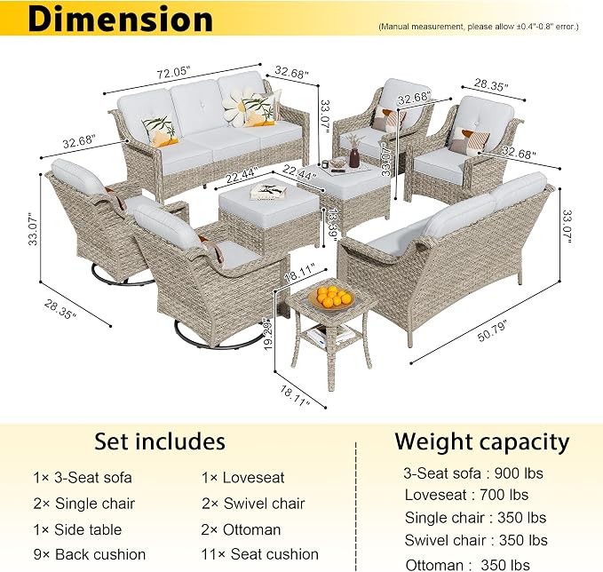 HOOOWOOO 9 Piece Patio Furniture Conversation Sets with Swivel Rocking Chairs,Outdoor Wicker Furniture with Ottoman,All Weather Resistant High Back Rattan Conversational Set(Light Grey Gray)