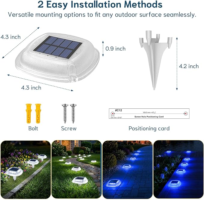 Solar Deck Lights Outdoor, Waterproof Solar Driveway Lights | 6 Pack 2 Colors in 1 Solar Ground Lights Stake & Screw Installation for Lawn Driveway Sidewalk Pathway (White/Blue)