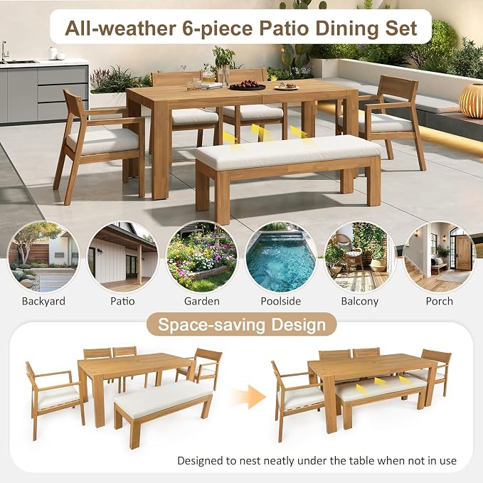 SOOWERY 6-Piece Patio Dining Set, Acacia Wood Outdoor Furniture Set with Rectangular Table, 4 Chairs and 1 Bench with Cushions, Umbrella Hole for Backyard, Garden, Poolside (Light Teak+Beige Cushion)