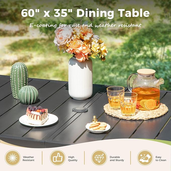 MIXPATIO Outdoor Patio Dining Table for 6, 60" x 35" Rectangular Metal Patio Dining Table with Umbrella Hole for Garden, All Weather Wrought Iron Black Outdoor Table for Backyard and Porch