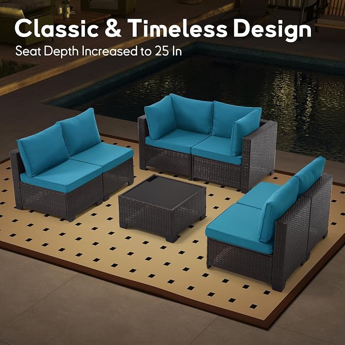 Bonzy Home 7 Pieces Outdoor Patio Furniture Set, PE Rattan Outdoor Sectional Furniture Sofa Set with Removable Cover and Glass Coffee Table, Patio Sofa for Balcony, Porch, Garden, (Brown-Turk Blue)