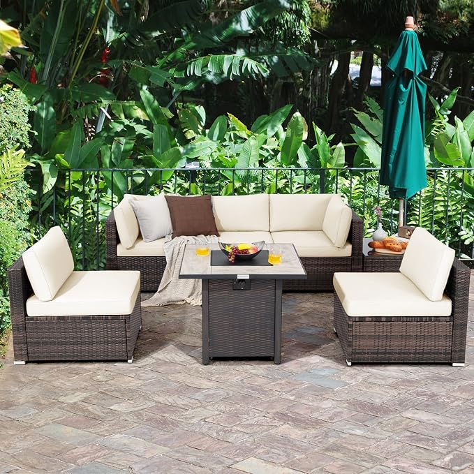 Tangkula 7 Piece Patio Furniture Set with Fire Pit Table, Patiojoy Outdoor PE Wicker Conversation Sectional Sofa Set with 30 Inches 50,000 BTU Propane Fire Pit Table, Waterproof PVC Cover (Off White)