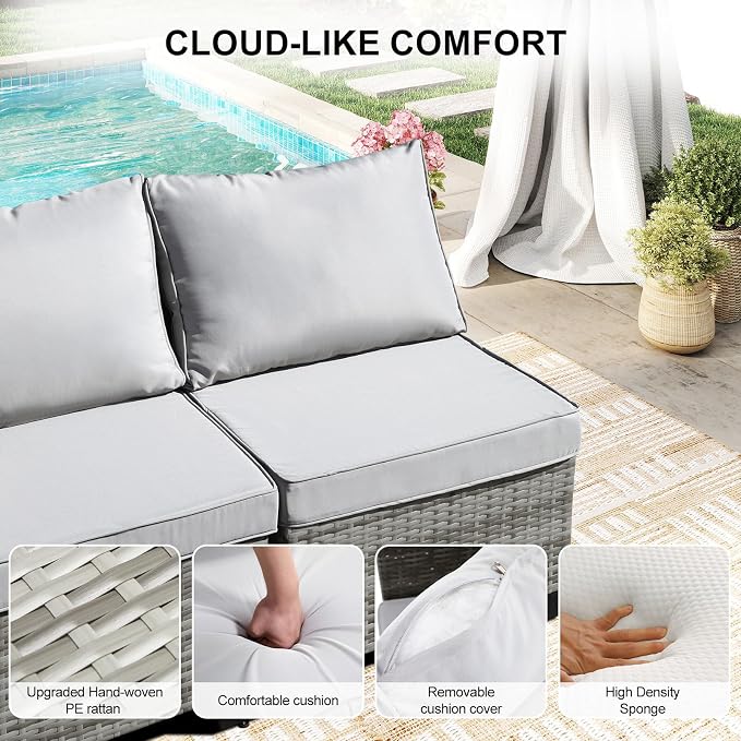 CANMOV 5 Pieces Patio Furniture Sets, All Weather Outdoor Patio Conversation Set, Wicker Rattan Sectional Sofa Couch with Glass Coffee Table, Washable Cushions for Backyard Garden, Porch, Light Grey