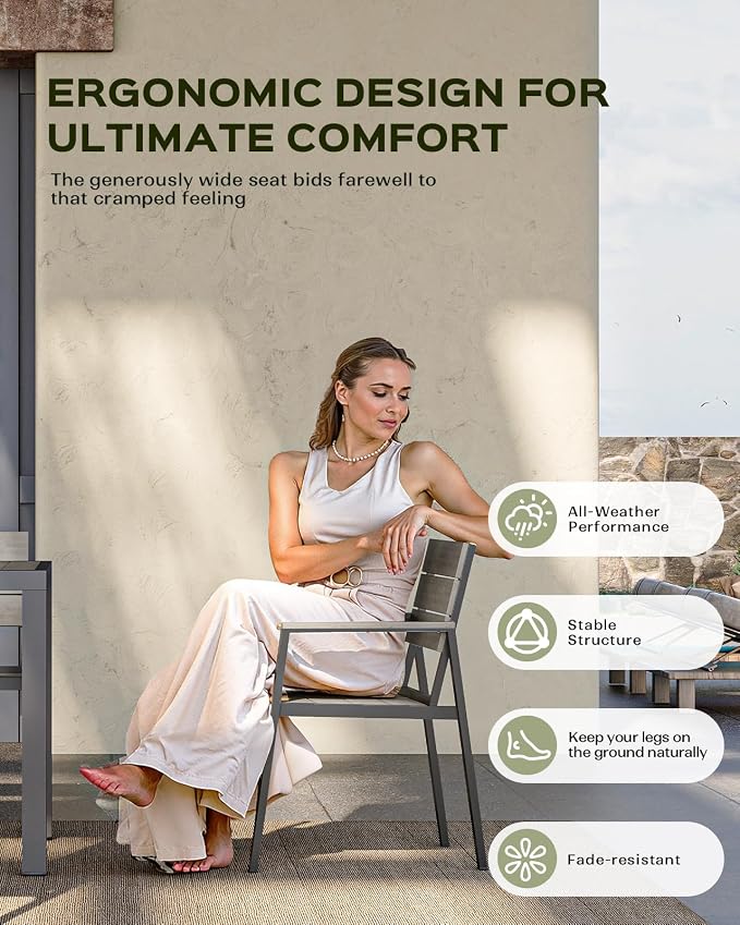 Vexwalx Outdoor Dining Chairs Set of 2, HDPS + Aluminum Patio Dining Chairs with Ergonomic Design and Wide Seat, 2 Piece Outdoor Chairs for Garden, Backyard, Deck (Gray)