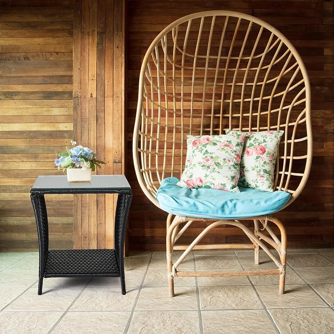 Outdoor Wicker Rattan Side Table, Square Rattan Coffee End Table Patio Wicker Table with Tempered Glass Top and Storage for Patio Garden Balcony (Black)