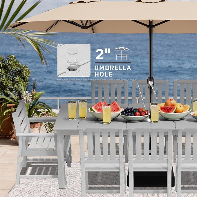AreShark 9-Piece Outdoor Dining Set,HDPE Patio Table with 8 Chairs,All-Weather Patio Furniture Set with Umbrella Hole,Low Maintenance Wood Grain Dining Set for Backyard,Garden,Poolside,White