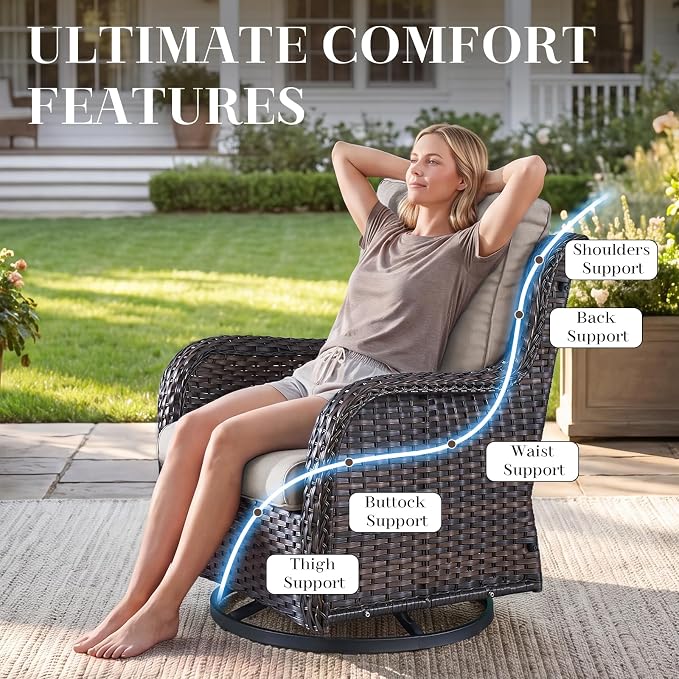 Rilyson Wicker Rocking Chair Swivel Chairs - 2 Piece Rocker Patio Chairs Set Rattan Rocking Chair for Outdoor Porch Deck Garden Backyard (Brown/Beige)