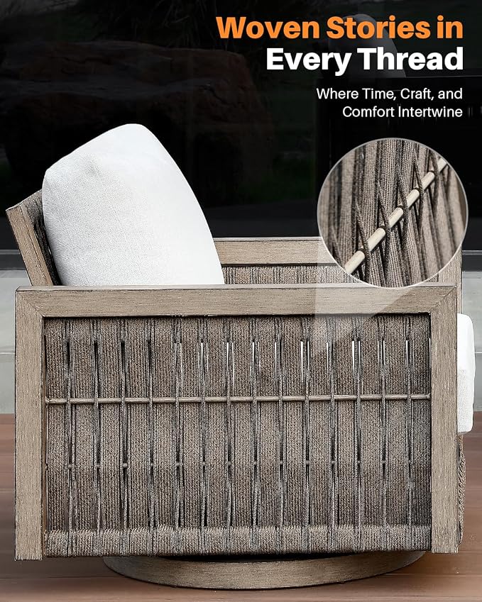 3 Pieces Patio Furniture Set, Outdoor Aluminum Swivel Patio Bistro Set with Washable Cushions, Rope Weave Patio Conversation Set, Outdoor Furniture Set for Garden, Porch, Deck, Pool, Gray Oak