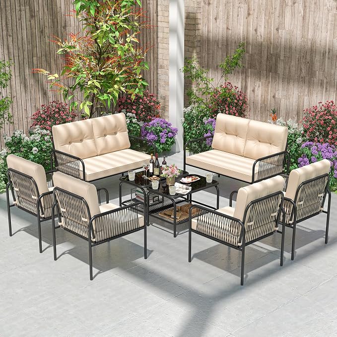 Tangkula 8 Pieces Patio Furniture Set, PE Rattan Sofa Chairs with Loveseat, Tempered Glass Coffee Table and Soft Cushions, Outdoor Conversation Set for Porch, Backyard, Garden and Poolside