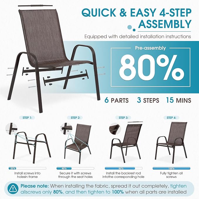 24.4" Wide Outdoor Stackable Chairs Set of 8, Stacking Patio Chairs with Textilene Fabric, Outside Furniture for Garden Backyard Balconie Poolside Deck, Brown