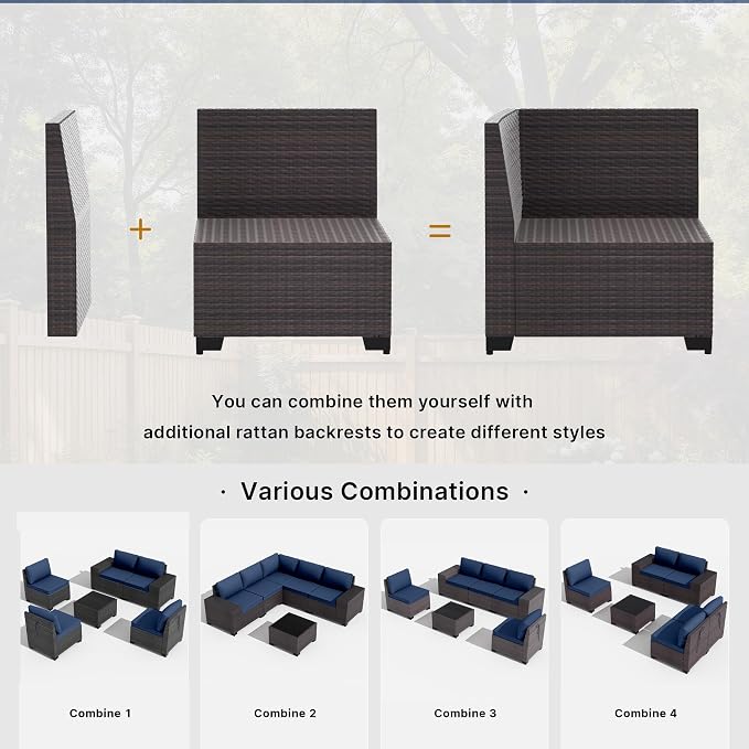 Gotland 10 Pieces Patio Furniture Set with 2 Swivel Rocking Chairs 1 Fire Pit Table, Patio Furniture in 4 Combinations with 1 Coffee Table Wide Armrests 29.5'' High Backrest, for Deck Garden Pool Navy