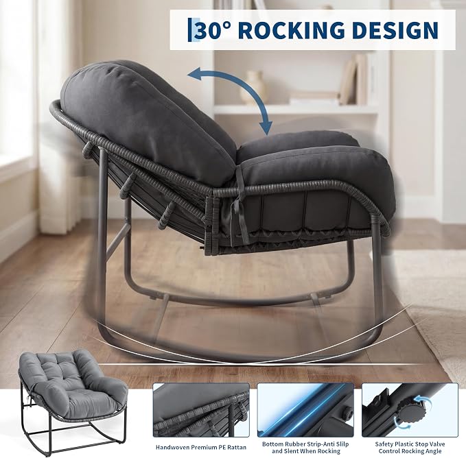 GarveeLife Outdoor Lazy Rocking Chair, Single Metal Rocker with Ergonomic Design, Gray, Heavy Duty, for Yard or Deck Use