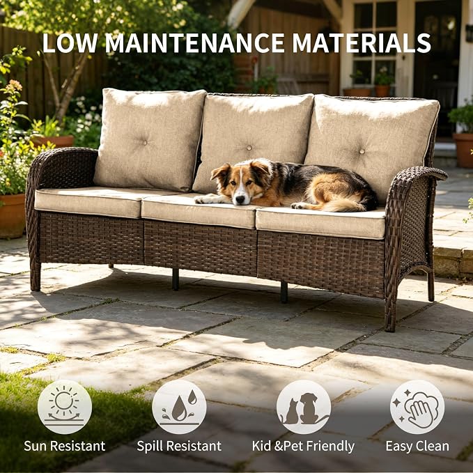 SHGJ&SOFT All Weather Patio Furniture Set, High Back Swivel Rocker Glider Chairs，Ottomans & Glass Tables, Outdoor Conversation Set for Deck Porch Yard Poolside (Brown, 2PCS-Sofa&Table)