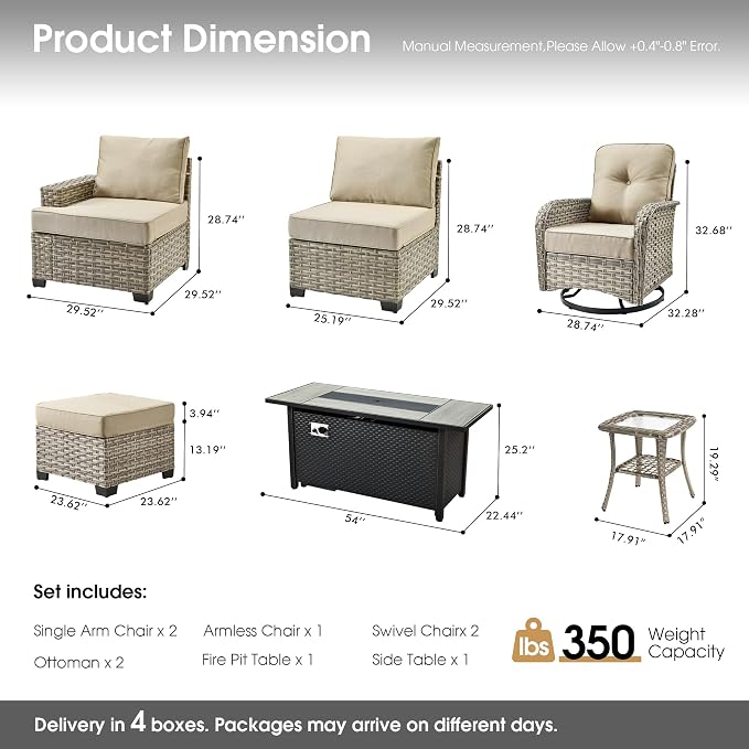 Wicker Patio Furniture Set with Fire Pit Table,9 Pieces Outdoor Sectional with Swivel Chairs Ottoman,Out Door Furniture Conversation Set,Beige