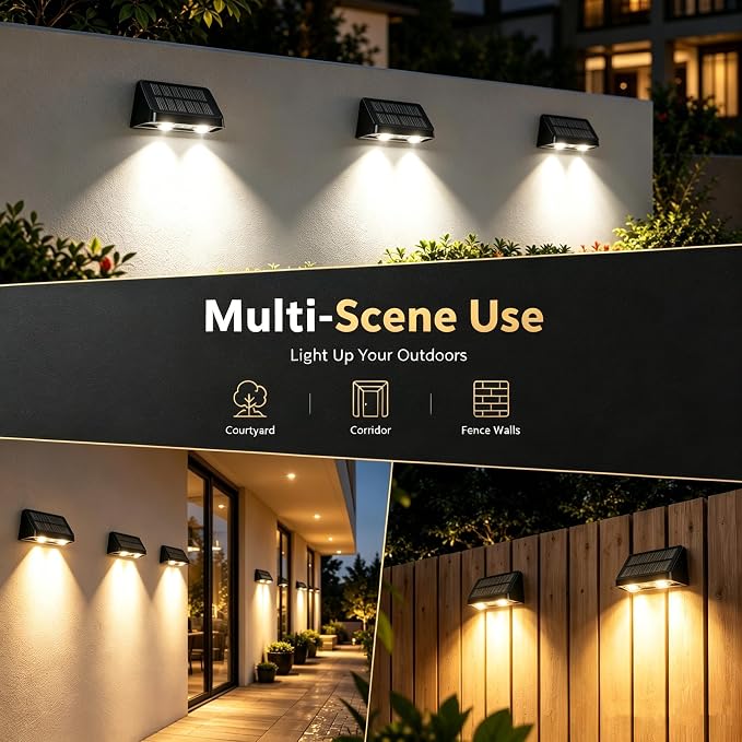 Solar Fence Lights IP64 Waterproof Warm White Outdoor Wall Decor 6 Pack | Auto On/Off LED Solar Deck Lights, Suitable for Railings, Steps, Pools, Backyards, Patios & Porches Outdoor Decoration