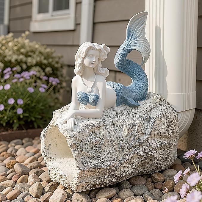 Teaeeno Mermaid Gutter Downspout Extension Decoration, 3''x4'' Downspout Extender Diverter Splash Block Sculpture Outdoor Decor, Animal Resin Statue