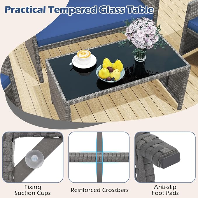 RELAX4LIFE 8-Piece Patio Furniture Set - Wicker Rattan Outdoor Sectional Sofa Set w/Glass Coffee Table, Loveseat, 2 Chairs & Soft Cushions, Bistro Conversation for Garden Porch (2, Grey-Navy)