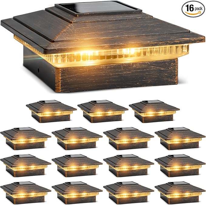 Solar Post Cap Lights Outdoor 16pack, Waterproof Fence Post Solar Lights for 4x4 5x5 6x6 Wood/Vinyl Posts, Deck Post Lights with 2 Color Modes Decorate Garden Patio Porch Backyard Brushed Copper