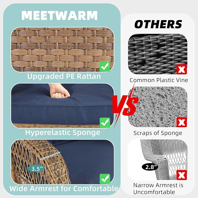 MEETWARM Outdoor Wicker Patio Glider Set, Loveseat for 2 Person Porch Furniture Glider with Glass-Top Coffee Table, Patio Glider Rocking Bench with Thickened Cushions, Navy Blue