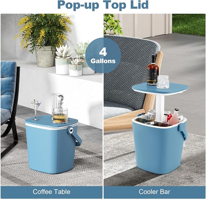 COSTWAY Outdoor Cooler Table, 4-Gallon Portable Cooler Side Bar Table with Handle, Lift Top Lid and Bottle Opener, Patio Furniture Cocktail Drink Table for Party Beer Wine Beverage (Blue)