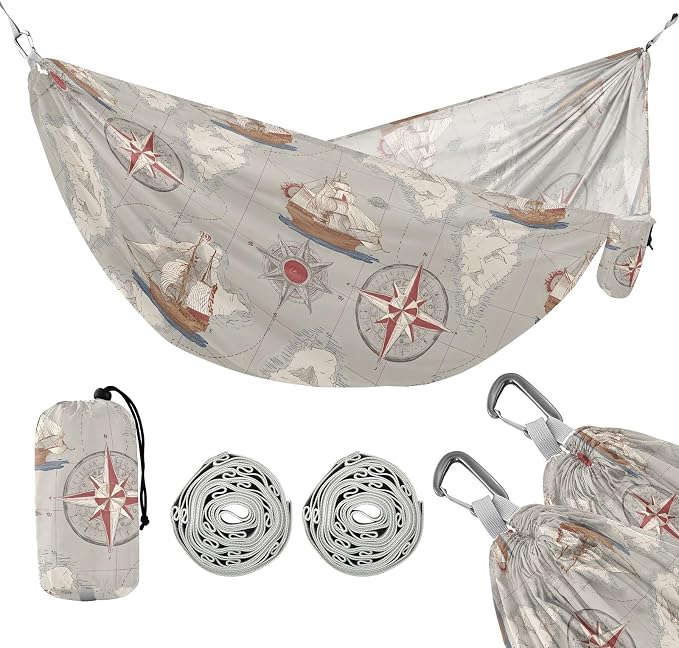 Camping Hammock Outdoor Hammocks for Outside Nautical Map Sailboat Beach Trees Portable Lightweight with Pockets Tree Straps Indoor Small