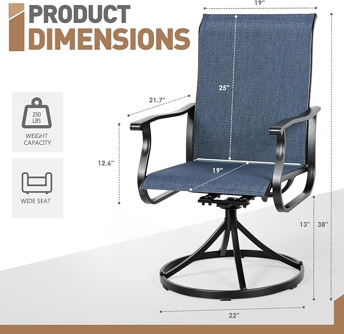 Crownland Outdoor Swivel Dining Chair Set of 6, All Weather 360° Swivel Rocking High Back Model Patio Dining Chairs, Textilene Fabric Wrought Iron Dining Chair Set for Backyard, Lawn, Garden(Blue)