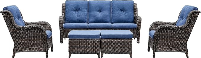 Rilyson Outdoor Furniture Set, 5-Piece Patio Rattan Wicker Sectional Sofa Set with 3-Seat Couch, 2 Armchairs, 2 Ottoman Footrests for Patio Conversation (5 PC,Brown/Blue)
