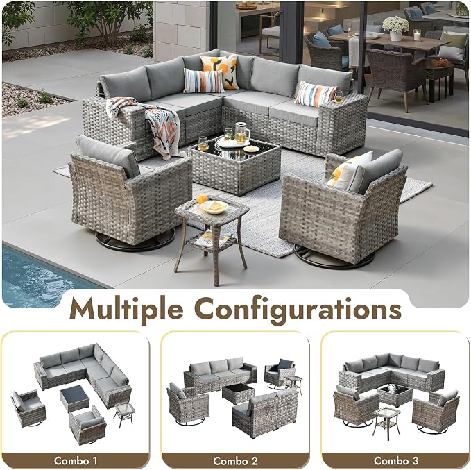 9 Pieces Patio Furniture Set, Wicker Outdoor Sectional Sofa with Swivel Chair Comfy Cushions, Modern Modular Deep Seat Rattan Couch Conversation Set for Backyard Porch Yard,Dark Grey