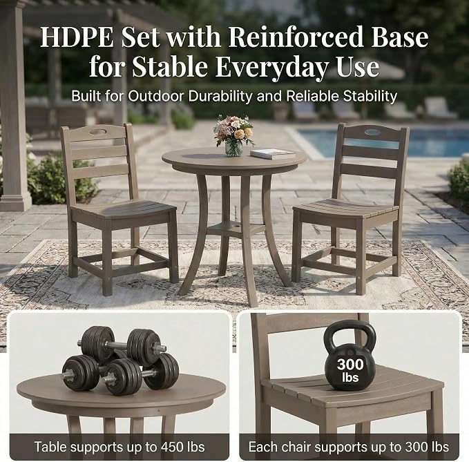 WILLIAMSPACE 29.72" 3-Piece Patio Dining Set, Outdoor All Weather HDPE Round Dining Table with Umbrella Hole & 2 Chairs, Patio Bistro Set for Backyard, Balcony, Lawn, Poolside, Kitchen (Brown)