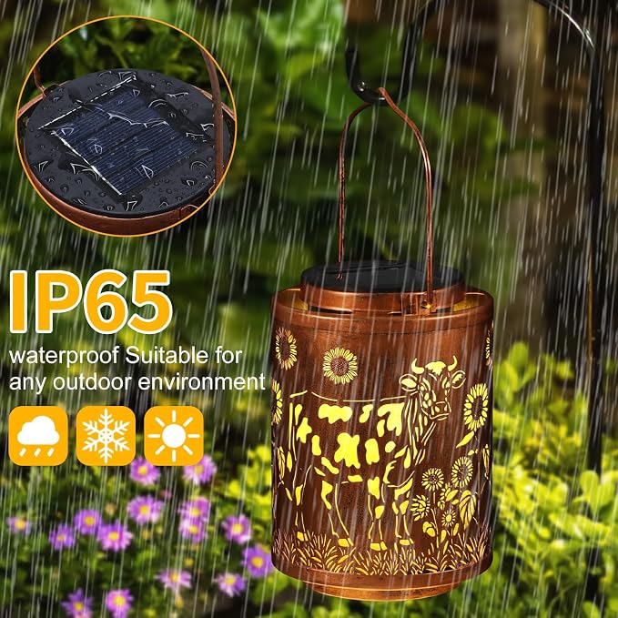 Solar Lanterns Metal Hanging Garden Decor Birthday Gifts for Women (Cow) | Solar Lights Waterproof Outdoor Decoration for Outside LED Lanterns for Yard Patio Lawn Gifts for Mon Grandma