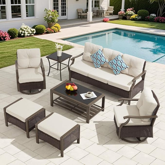 7 Pieces Metal Patio Furniture Set, Outdoor Conversation Set Sectional Sofa Couch with Swivel Chairs for Garden Deck Backyard, Beige