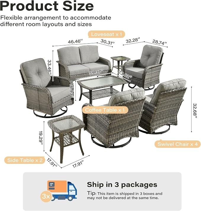 8 Pieces Patio Conversation Sets,Patio Furniture Set with Swivel Rocking Chairs,Coffee Table, Side Table, All Weather Rattan Wicker Outdoor Sectional Furniture Set for Porch Balcony Backyard Dark Gray