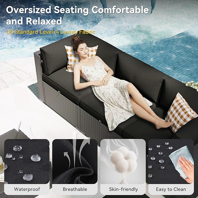 Aoxun Patio Furniture Set with Umbrella, 8 Piece Outdoor Sectional Sofas, Wicker Rattan Outdoor Furniture with Thickened Cushion for Backyard, Garden Black