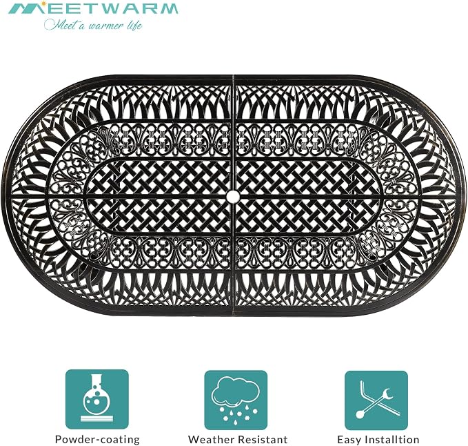 MEETWARM 84"x44" Cast Aluminum Patio Dining Table, Weather-Resistant Large Outdoor Dining Table for 8 Person, Patio Furniture Oval Table with Umbrella Hole and Adjustable Foot Pads, Dark Bronze