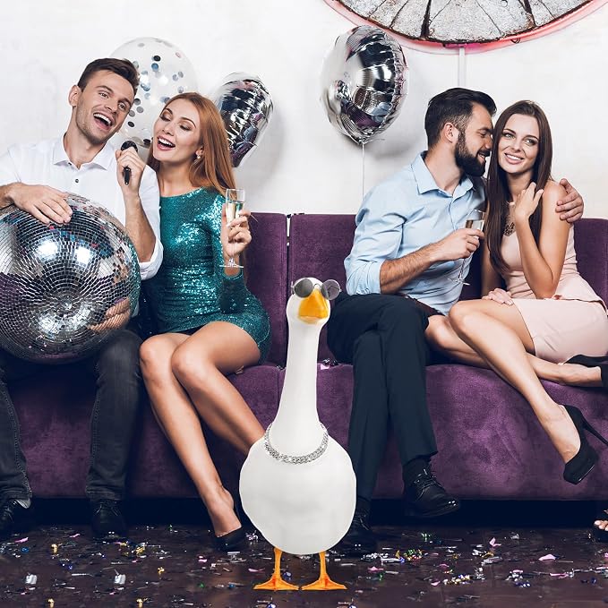 Shyyween Chain Collar and Sunglasses Porch Goose Outfits for Plastic Goose 23"/ 17'' Lawn Geese Statue Sunglasses Collar for Garden Geese Retro Pet Cosplay Party Yard(Silver,Rhinestone)