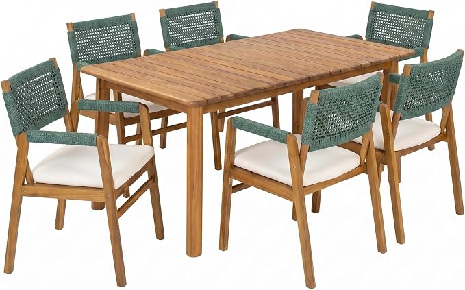 Christopher Knight Home Sky Acacia Wood Dining Table Set for 6, 7 Piece Patio Extendable Dining Table and Dining Chairs Set of 6 with Cushions & Rope Accents, Patio Furniture Set, Teak+Beige+Green