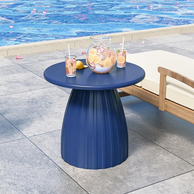 Round Metal Outdoor Patio Side Table, Steel Outdoor Accent Table, Small Patio End Table, for Garden, Pool, Yard, Balcony, Living Room, Deck, Weather Resistant, No Assembly, Blue
