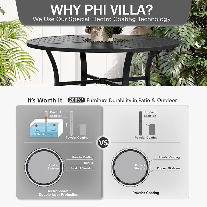 PHI VILLA Patio Round Table w/Umbrella Hole, Metal Table for 4, Black | 42" wrought iron dining table. Slatted top design, weather resistant. Perfect for outdoor deck, porch, backyard.