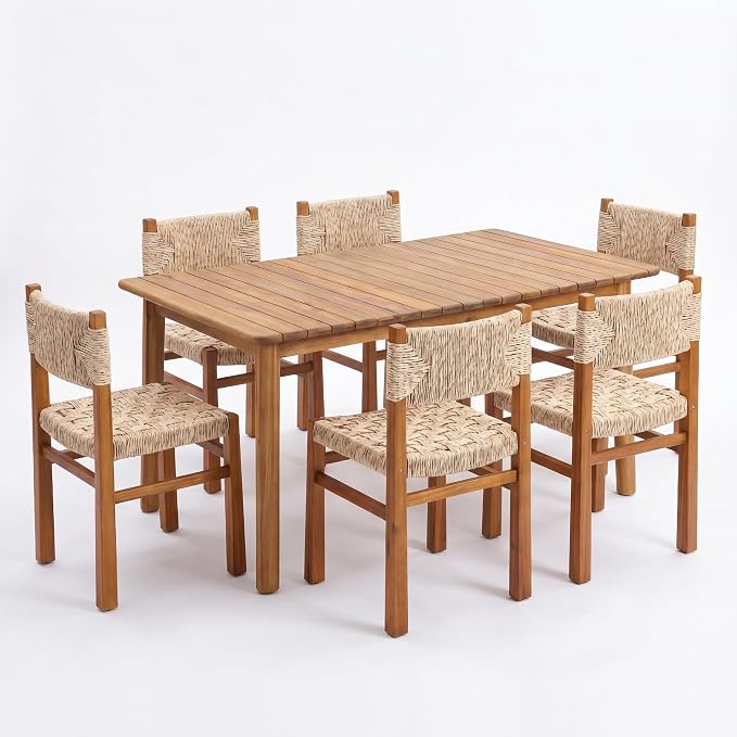 Christopher Knight Home Tanya 7 Piece Acacia Wood Outdoor Dining Table Set for 6, Extendable Dining Table and 6 Chairs with Wicker Seat & Backrest, Outdoor Patio Furniture Set, Light Grey + Teak