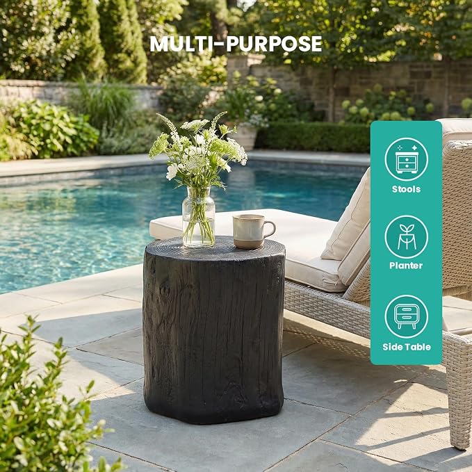 SUNBURY Outdoor Stump Side Table, Faux Wooden Concrete End Table, Black Round Patio Accent Table,Decorative Planter Stand Ottoman for Garden Household Living Room