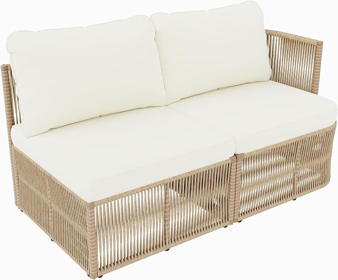 VilroCaz Outdoor PE Rattan Patio Furniture Sectional Sofa Set with Iron Frame, All-Weather Beige Wicker Conversation Set with Thick Cushions and Coffee Table for Garden Backyard Balcony