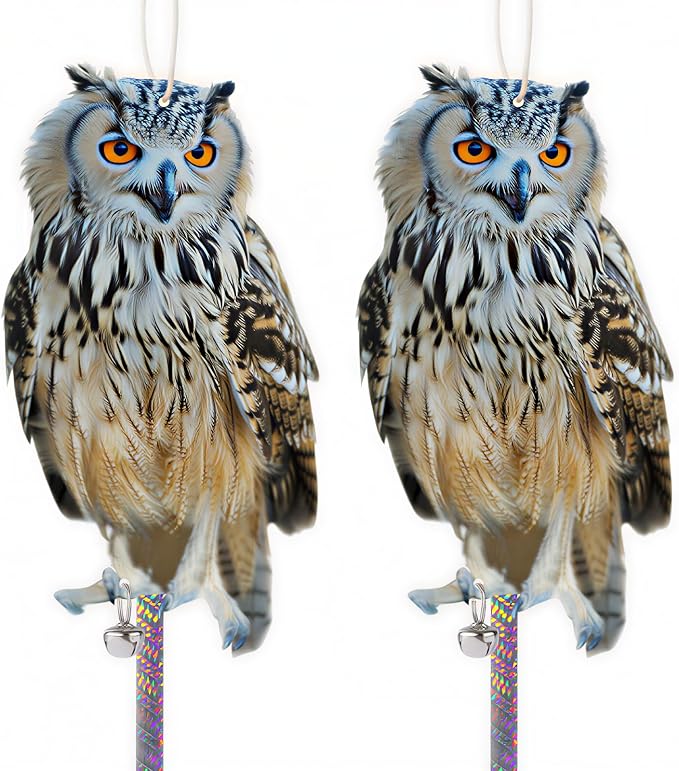 Fake Owl to Keep Pigeons Away from Balcony, 2Pcs Flat Plastic Owl to Scare Woodpecker from House, Garden Owls to Scare Pigeon Squirrel, Hanging Owls with Reflective Tape for Porch Yard Patio Windows