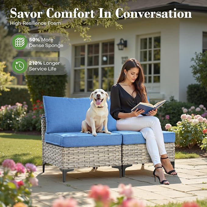 6 Pcs Patio Furniture with Fire Pit Table, Outdoor Rattan Wicker Conversation Set with Glowing Coffee Table, Comfy Sectional Sofa for Porch Balcony Backyard Pool, Light Blue