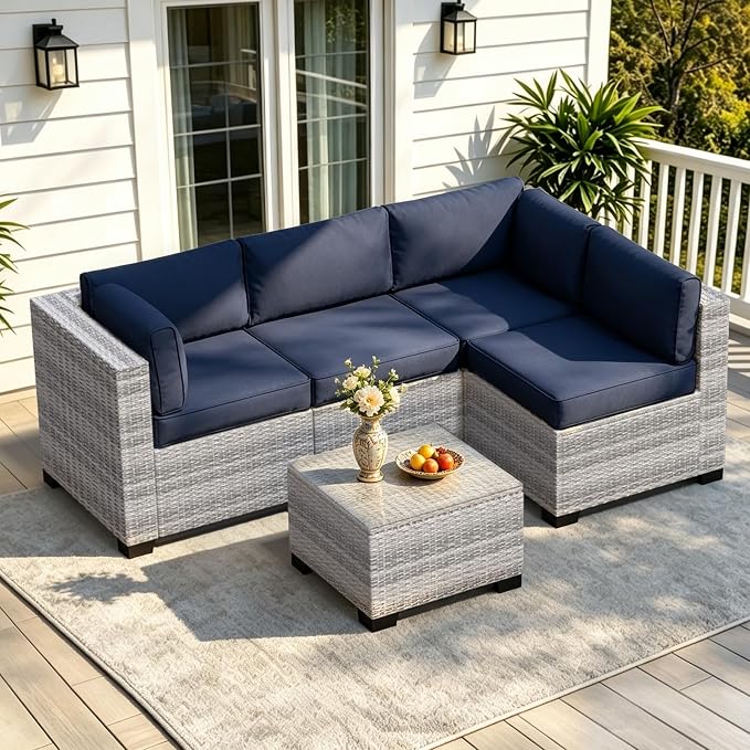5 Pieces Outdoor Patio Furniture Set, Wicker Modular Sectional Sofa, All Weather Conversation Sets with Glass Table for Yard, Garden, Poolside, Off-White Rattan & Navy Blue Cushions