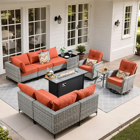 Outdoor Patio Furniture Sets,11 PCS Patio Conversation Set Outside Rattan Sectional Sofa with 54 in Fire Pit Table Wicker Rocking Chair Coffee Table Fit Backyard Porch Garden Poolside Balcony