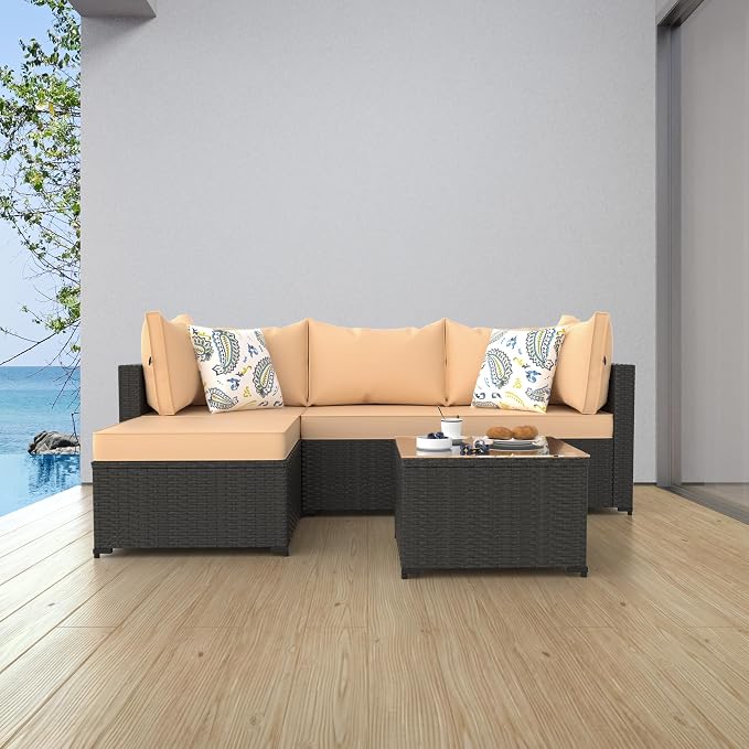 Patio Furniture Set, 5PCS Patio Sectional with Ottoman Wicker Rattan Outdoor Furniture with Thickened Cushion Modular Wicker Patio Conversation Set with Glass Top Table for Balcony, Backyard(Khaki)