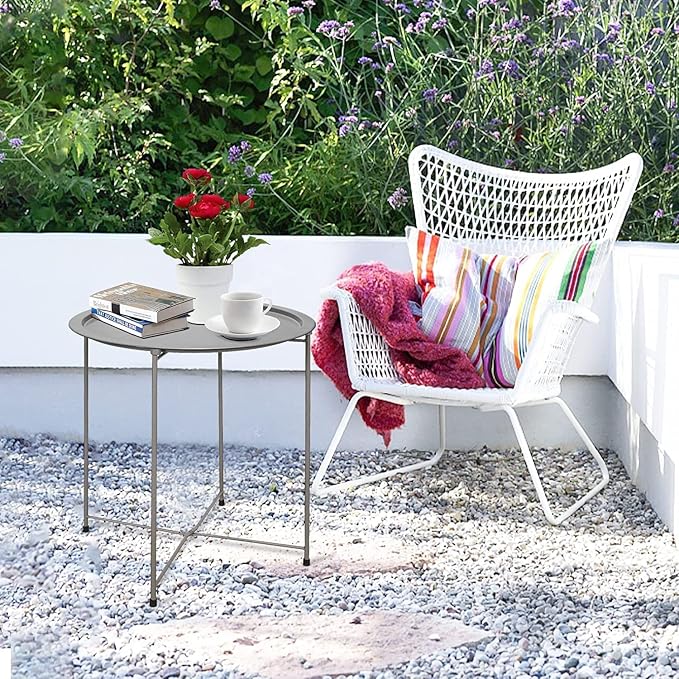 Garden 4 you Folding Tray Metal Side Table 2PC Grey Round End Table Cyan Sofa Small Accent Fold-able Table, Round End Table Tray, Next to Sofa Table, Snack Table for Living Room and Bed Room