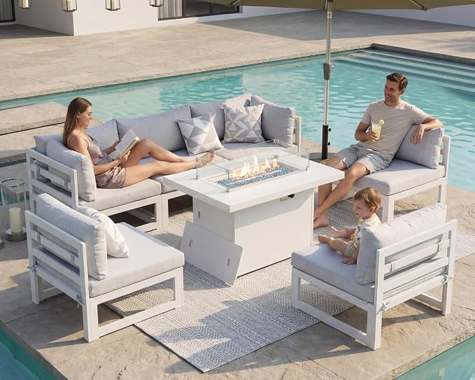 RADIATA 6 Person Large Modern Aluminum Outdoor Patio Furniture Set with Fireplace, 29" Wide Deep Seating, U Shaped Combo Sectional Couch, Water Resistant Conversation Set for Backyard Terrace, White