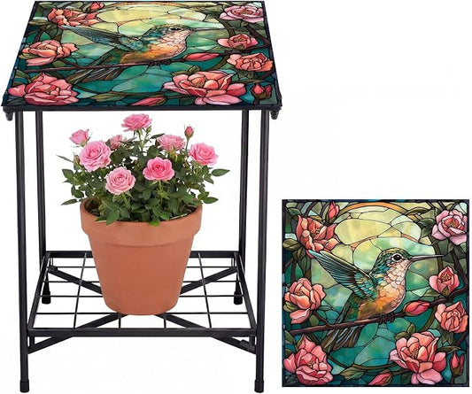 Cinnvoice Outdoor Side Table 2-Tier Storage Square Small Mosaic Patio Accent Indoor End Plant Coffee Tea Table for Yard Patio Porch Garden Living Room, Bedroom(Hummingbird Style)